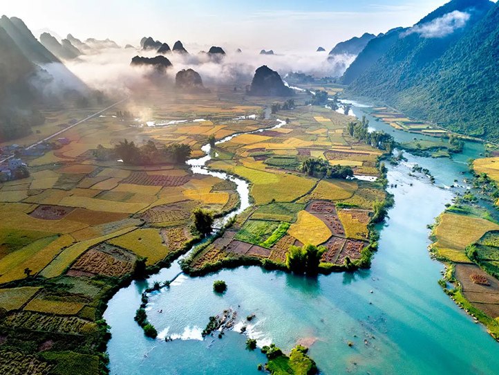 Quay Son River and golden rice fields on the road to Ban Gioc Waterfall