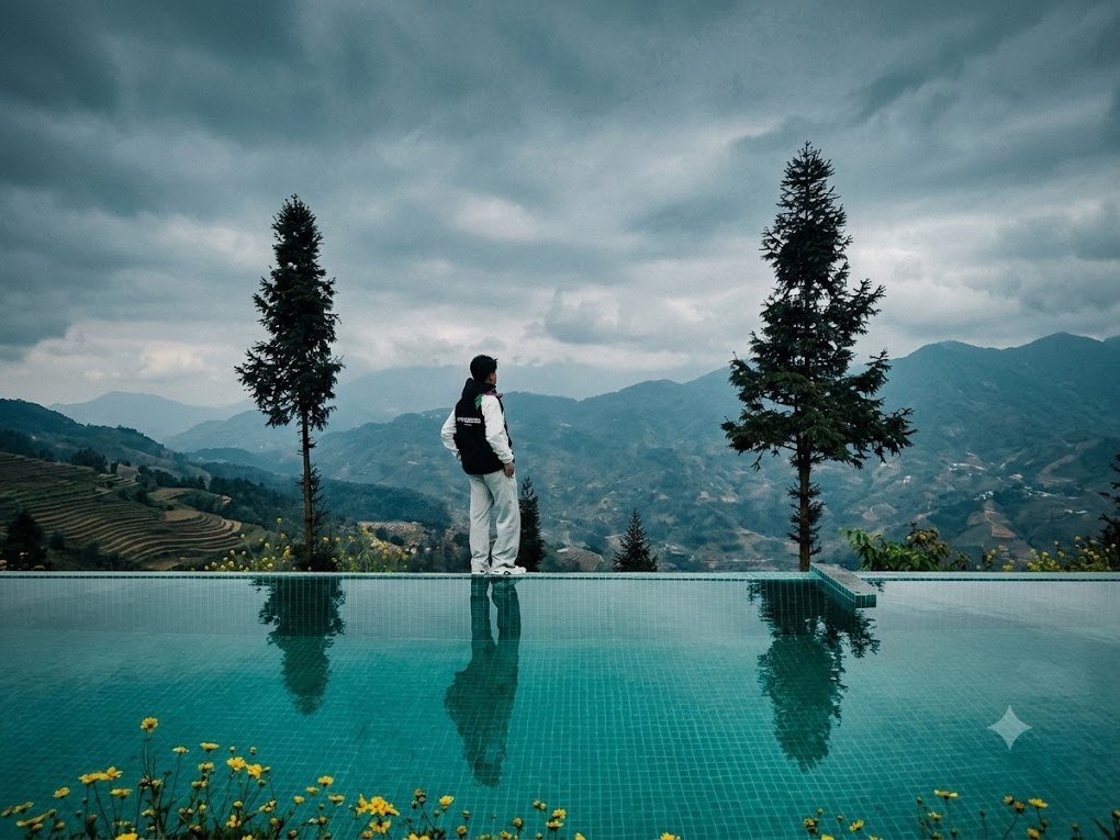 Homestay viewpoint over Ha Giang rice season terraces at Chieu Lau Thi