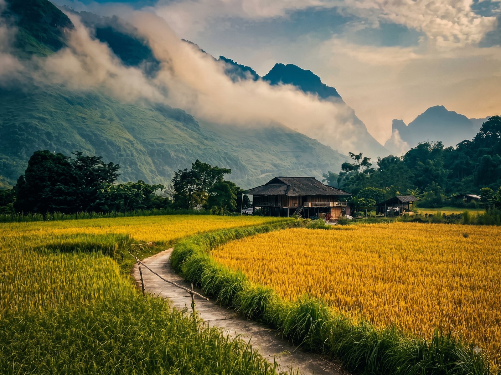 Golden rice fields of the Ha Giang rice season in Du Gia valley