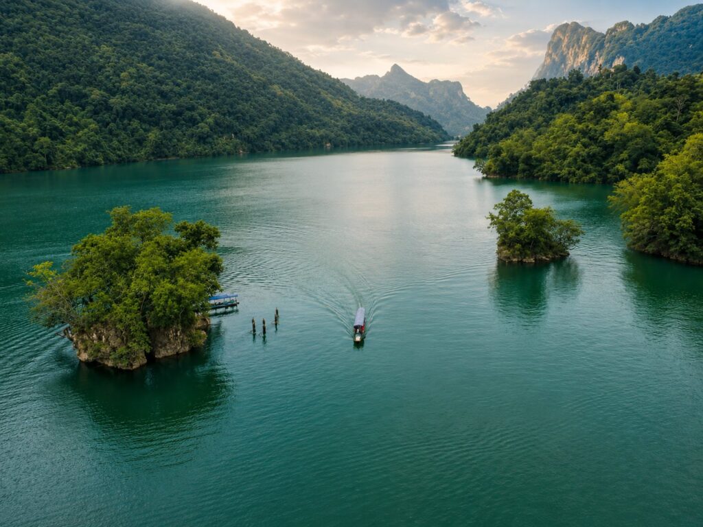 Ba Be Lake from above, small forested islets and a tour boat on green water