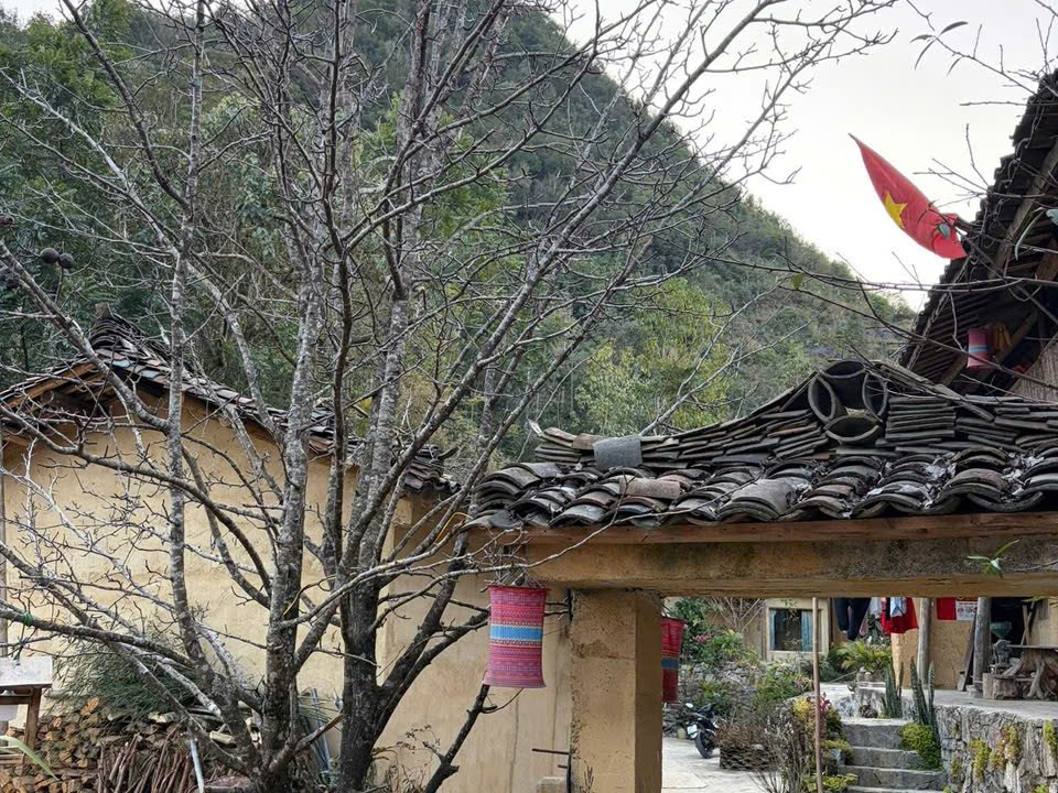 Bare peach tree beside a rammed-earth house in Lo Lo Chai before the spring bloom