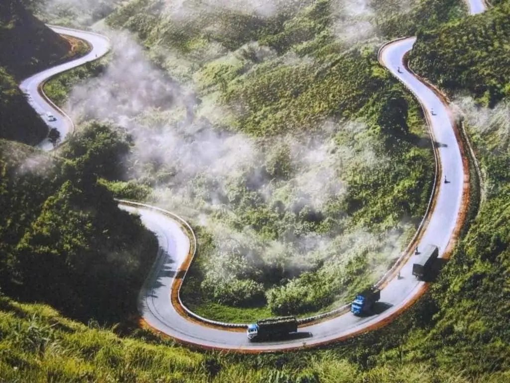 Morning fog over the switchbacks on the Ha Giang Loop in January