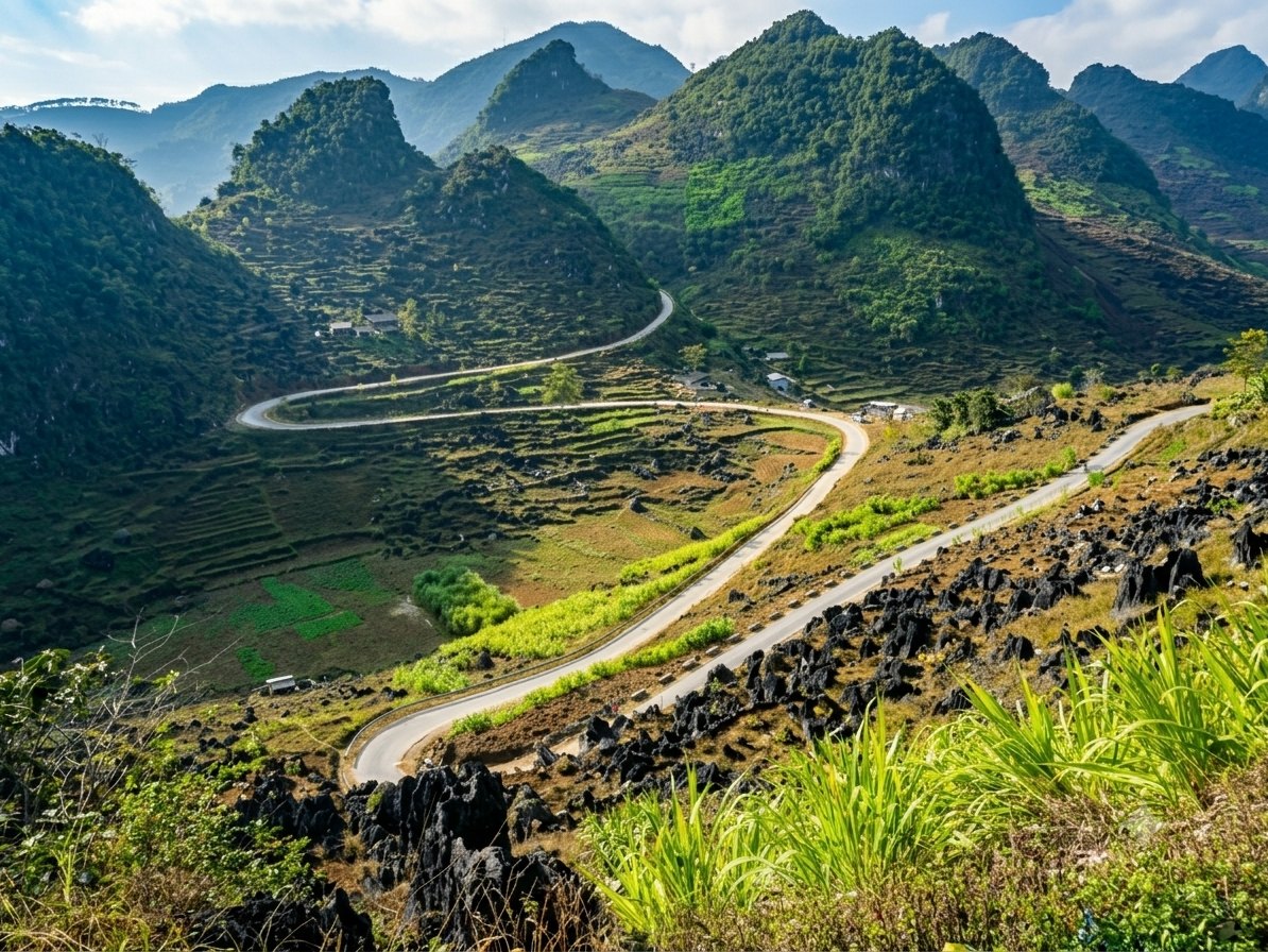 Winding road across the Dong Van karst plateau near Meo Vac