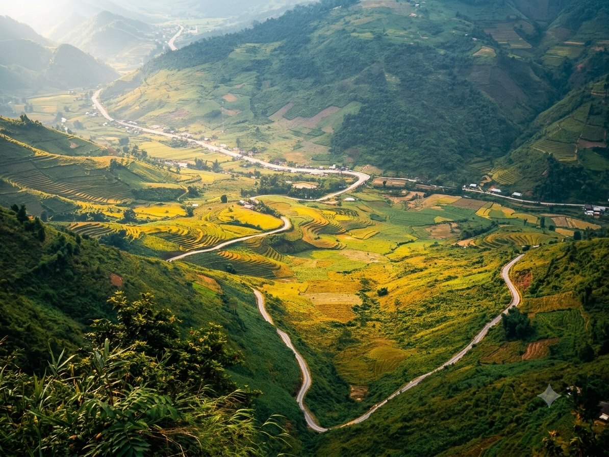 Is the Ha Giang Loop Worth It? An Honest Local Verdict (2026) 6 Golden rice valley and winding road below Bac Sum Pass - Ha Giang Loop worth it in harvest season