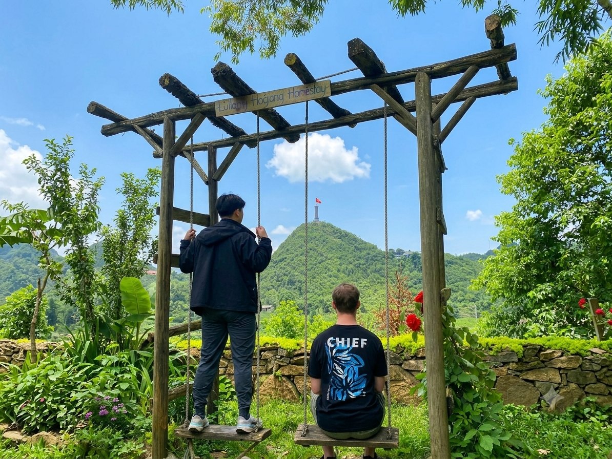 Is the Ha Giang Loop Worth It? An Honest Local Verdict (2026) 7 Two travellers on a wooden swing in Lo Lo Chai village facing Lung Cu Flagpole