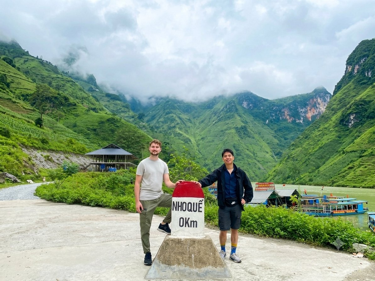 Is the Ha Giang Loop Worth It? An Honest Local Verdict (2026) 3 Two travellers at the Nho Que 0 km marker by the river on the Ha Giang Loop