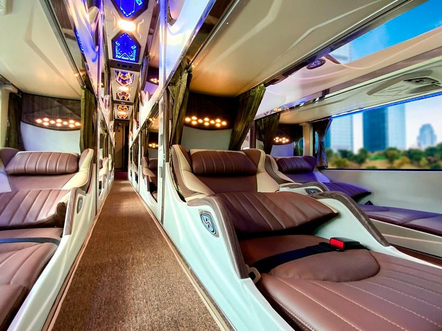 Curtained lie-flat berths inside a luxury Hanoi to Ha Giang bus