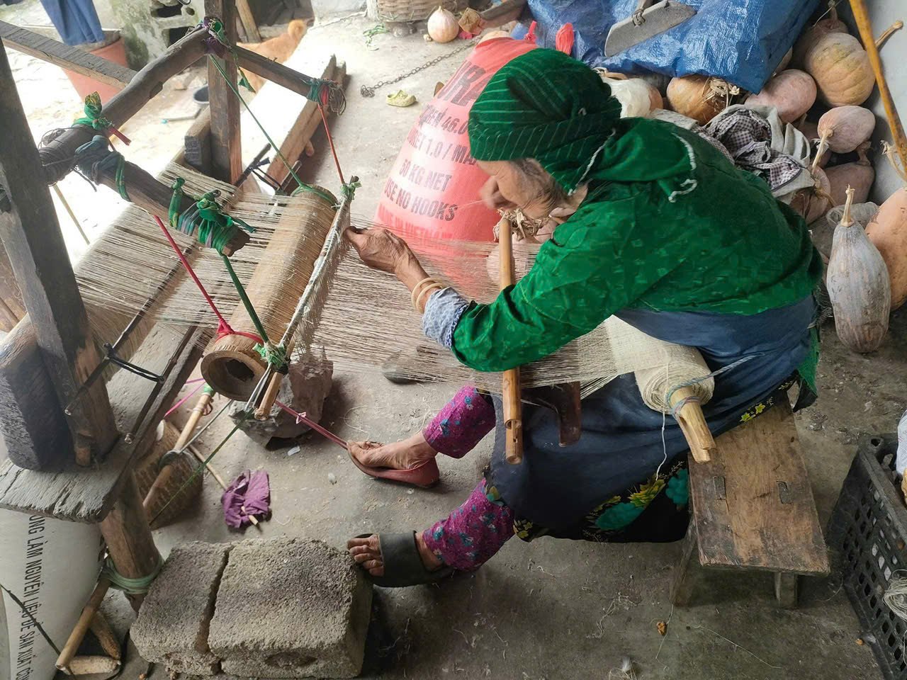 Elderly Hmong weaver working hemp thread at the Lung Tam linen cooperative